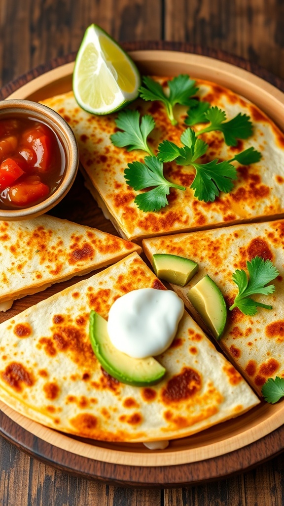 Avocado Quesadilla Recipe Avocado quesadilla cut into wedges, served with salsa and sour cream on a wooden plate.